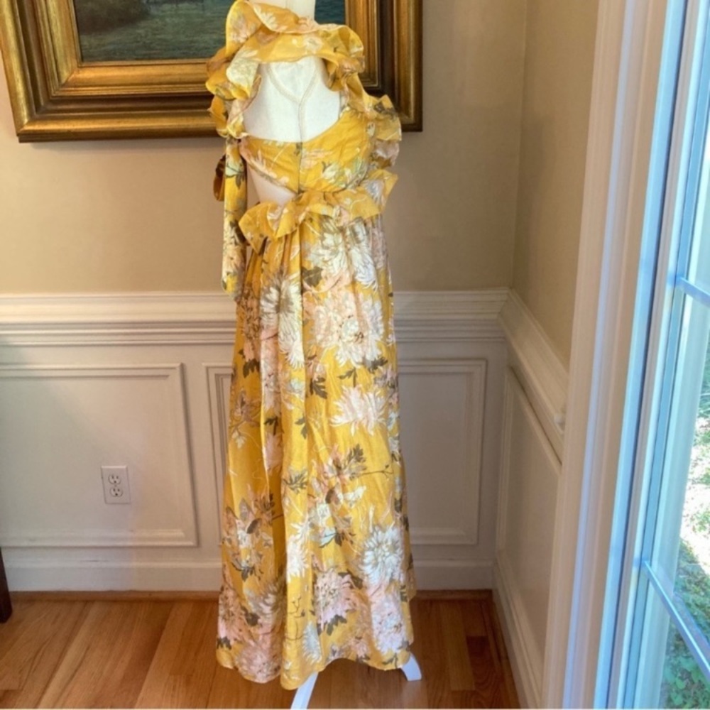 H&M Yellow Floral Ruffle Plunge Open Back Lyocell Midi Dress - Picture 6 of 15